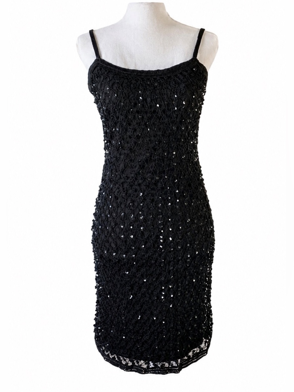 Vintage 1996 Black Sequin Crochet Dress Y2K Beaded Slip Bodycon Small - Picture 3 of 10